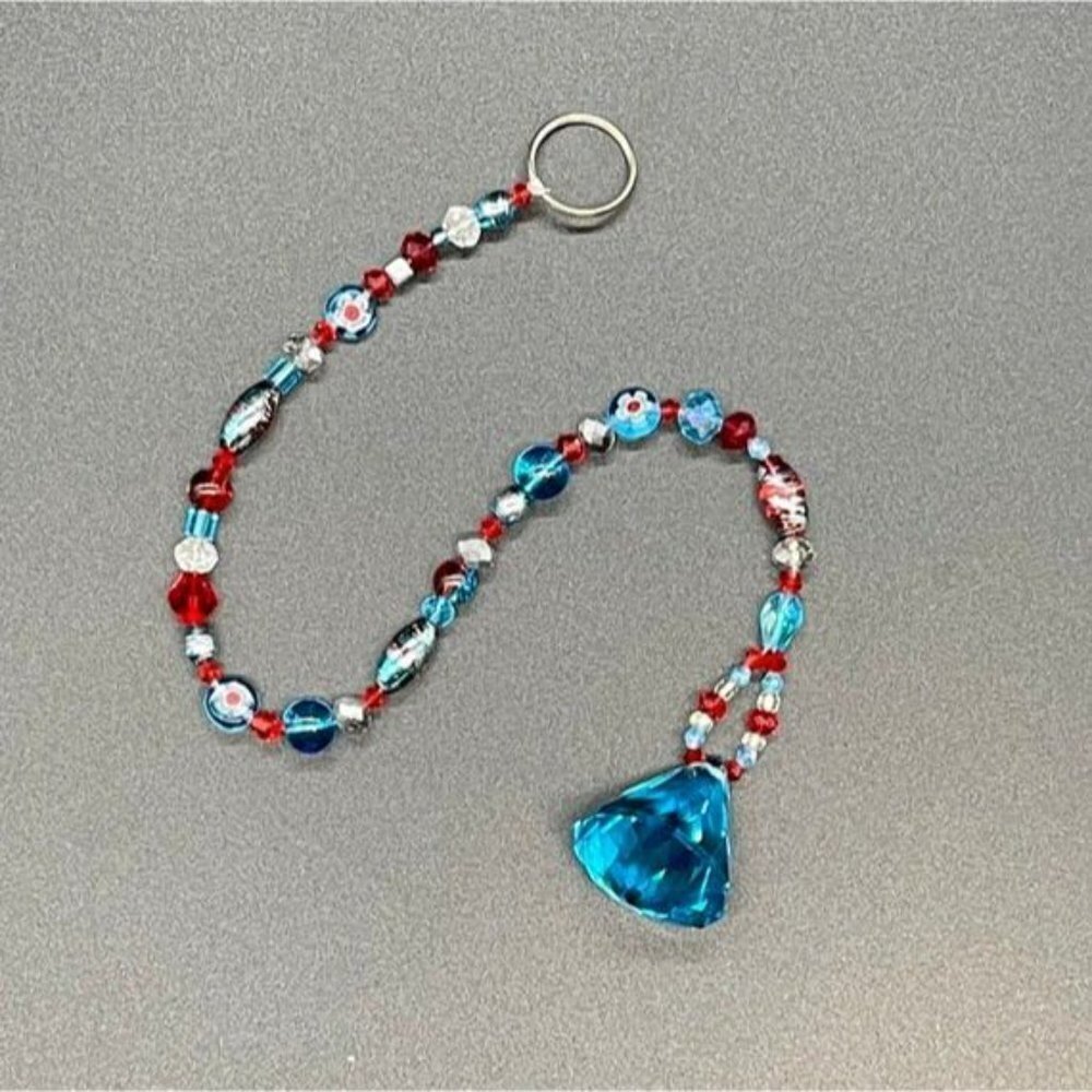 Beaded Suncatcher - Red Turquoise -Triangular Crystal Prism - Hanging Decor - Picture 14 of 16